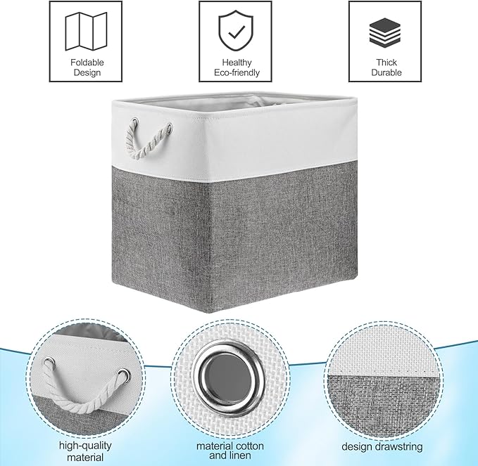 meekoo 8 Pack Collapsible Storage Bins Fabric Storage Bins Polyester Fabric Baskets with Handles Linen Closet Organizer for Shelf Home Closet Towels Toys(17 x 12 x 15 in,Gray White)