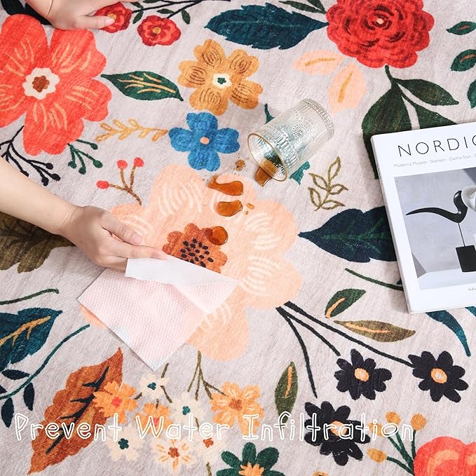 Door Mat Indoor Entrance 2x3 Rug Machine Washable Boho Floral Small Area Rug Non-Slip Low Pile Throw Rugs for Entryway, Kitchen, Front Door Indoor Entrance, Entry, Kids Room (Beige)