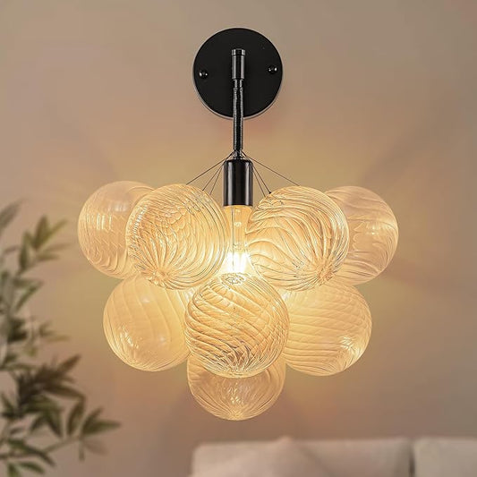 Bubble Wall Sconce, Hand Blown Wall Lights 15“ Dia Balls Shade Glass Lighting Wall Sconces, Clear Glass Wall Mounted Light Fixture for Living Room, Dining Room, Corridor, Bedroom (Black)