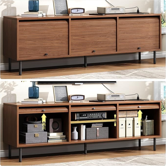 68 Inch TV Stand for TVs up to 75 Inch, Entertainment Center with Power Outlet, Mid-Century Modern TV Console with Storage, Adjustable Shelf & Sliding Doors, TV Stand for Living Room, Walnut