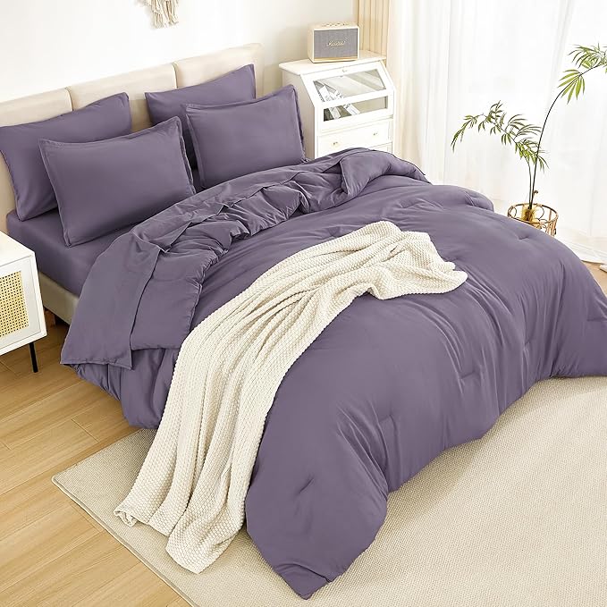 Litanika Full Size Comforter Sets Grey Purple - 7 Pieces Bed in a Bag Full Bedding Comforter Sets, Solid Lightweight Bed Set with Comforter, Sheets, Pillowcases & Shams