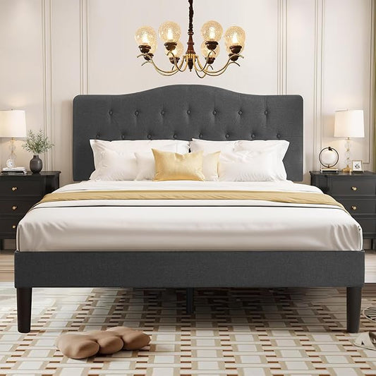 VECELO Queen Size Platform Bed Frame with Fabric Upholstered Headboard and Wooden Slats Support, No Box Spring Needed/Easy Assembly,Grey