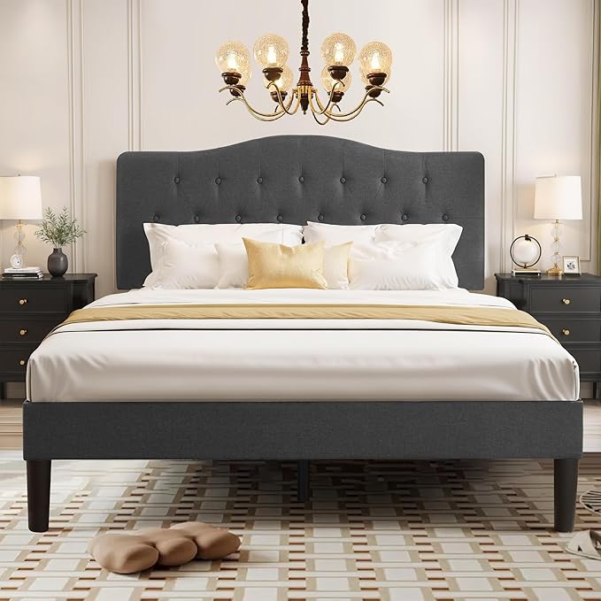 VECELO Full Size Platform Bed Frame with Fabric Upholstered Headboard and Wooden Slats Support, No Box Spring Needed/Easy Assembly,Grey