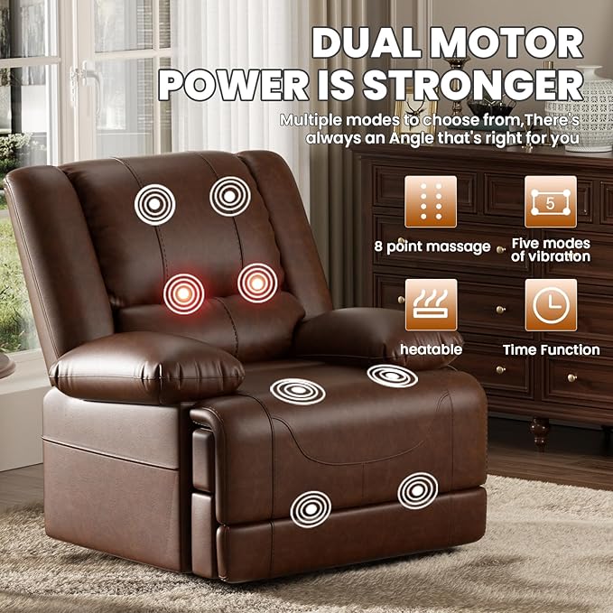 Large Dual Motor Power Lift Recliner Chair with Massage and Heat for Elderly People, Infinite Position,USB Ports and Remote Control,Breathable Leather (Red Brown)