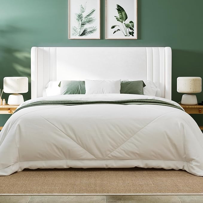 Allewie Full Size Velvet Platform Bed Frame with Vertical Tufted Wingback Headboard, Easy Assembly, Under Bed Storage, No Box Spring Required, Modern Style, White