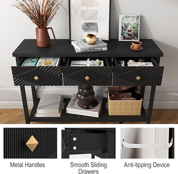 47" Console Table with 3 Drawers, Fluted Narrow Long Entryway Table with Storage Shelf, Accent Table for Entryway, Living Room, Behind Couch, Foyer, Hallway, Office