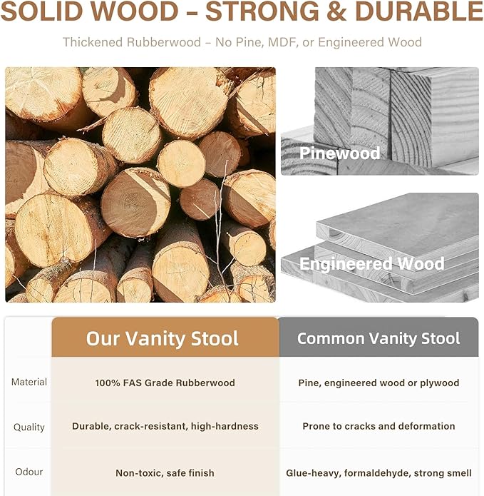 Solid Wood Small Vanity Stool, Compact Makeup Chair with Saddle Cushion, Linen-Covered High Rebound Sponge Seat, Easy Assembly Footstool for Bedroom, Entryway, Home, Natural