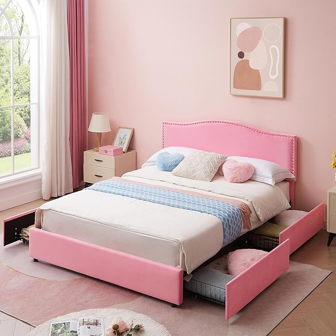 VECELO Queen Bed Frame, Platform Bed Frame with Underbed Storage Drawers and Adjustable Height Upholstered Headboard, Heavy-Duty Frame and Strong Wooden Slats Support, Noise-Free, Easy Assembly, Pink