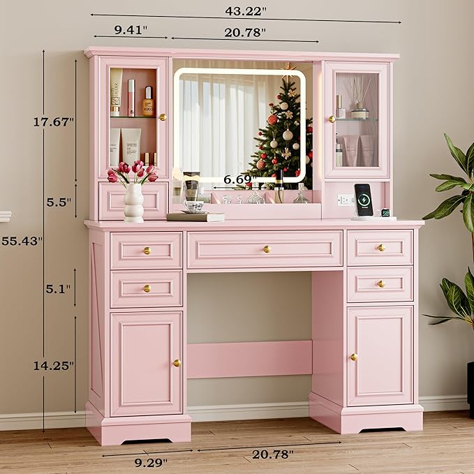 Vanity Desk with Lights, Large LED Mirror with 3 Color Modes, Makeup Vanity with Power Outlet & USB Ports, 6 Drawers & 2 RGB Glass Cabinets, Farmhouse Dressing Table for Women & Girls (Pink)