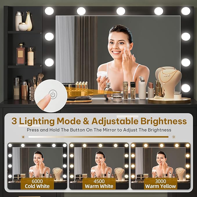 YITAHOME Vanity Desk with Mirror and Lights, Makeup Table with Charging Station, Large Vanity Set with 4 Drawers, Cute Makeup Desk with 6 Storage Shelves, Black
