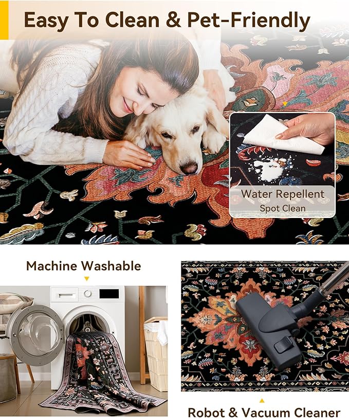 Area Rugs 10'x12' Washable Non-Slip, Floral Vintage Distress Print Pattern Medallion Carpet for Living Room Bedroom Dining Room, Black Colorful Floral Dark Tan