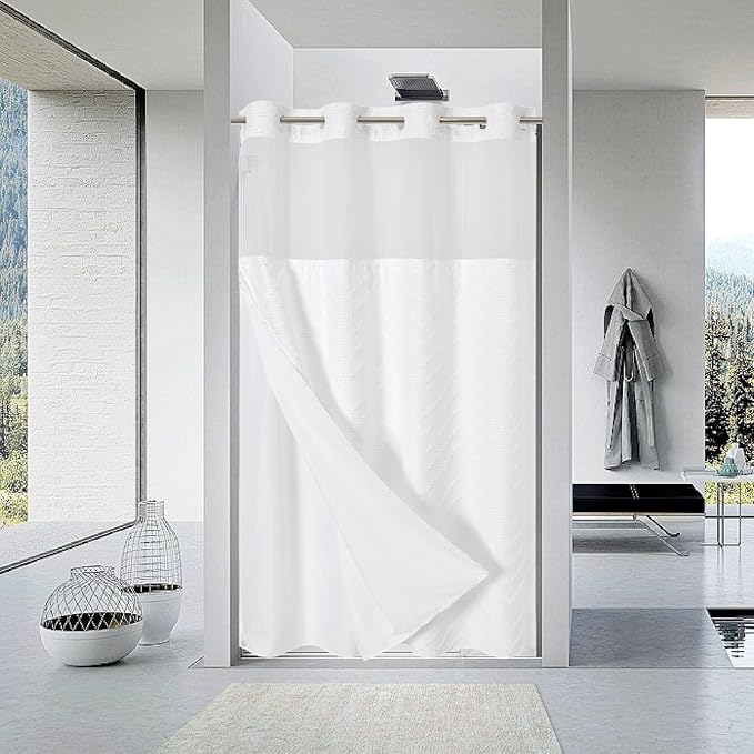 No Hook Boho Farmhouse Shower Curtain with Snap-in Fabric Liner set-54Wx80H(78H),White Tufted Chevron Striped Hotel Grade Cloth Shower Curtains for Bathroom with Window,Water Repellent