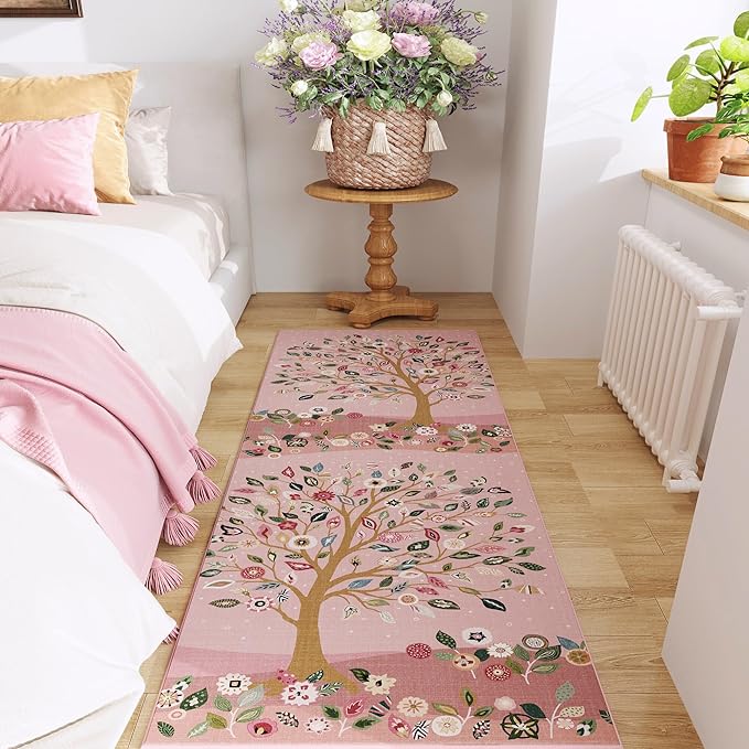 Runner Rug for Kitchen Rug Non Slip 2'x6' Washable Rugs Floral Tree with Rubber Backing Bohemian Soft Carpet Runner for Kitchen, Laundry, Bedroom, Bathroom, Pink