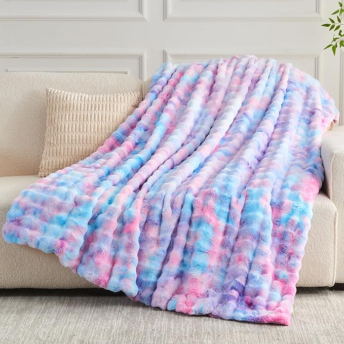 NEWCOSPLAY Faux Fur Throw Blanket Purple Rainbow Luxury Fluffy Thick Warm Bubble Blanket for Couch Sofa Bed 700GSM (Purple Rainbow, Throw(50"x60"))