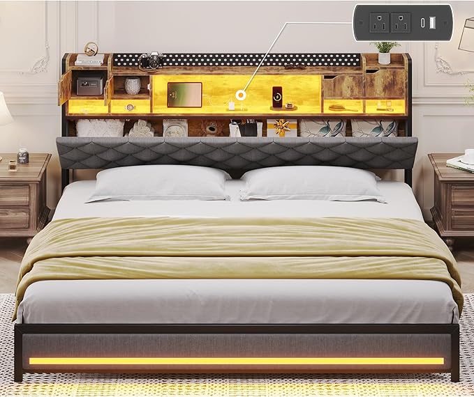 King Size Bed Frame with Upholstered Storage Headboard, King Bed Frame with Smart LED Lights, Camas King Bed with Charging Station,Noise-Free, Metal Support, No Box Spring Needed, Gray
