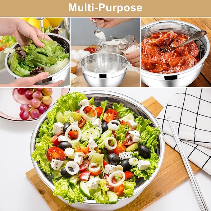 E-far Mixing Bowls with Lids, 6-Piece Stainless Steel Salad Bowls Metal Nesting Bowls for Baking Cooking and Prepping, Airtight Lids & Stackable Design, Size 4.5, 3, 1.5 QT (Khaki)