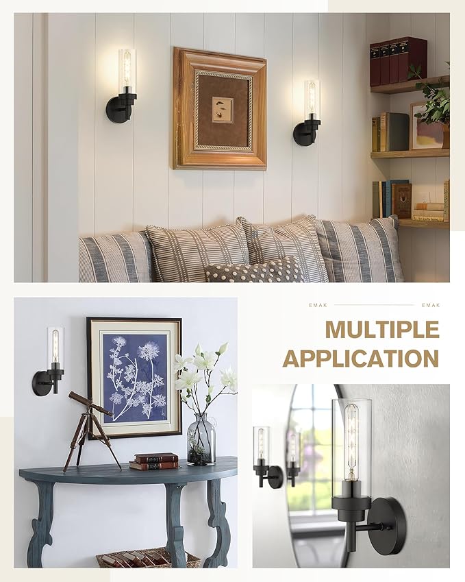 Emak Black Wall Sconces Set of Two, Modern Vanity Lights with Clear Glass Shade, Wall Lights for Bathroom, Bedroom, Living Room, Hallway, WS085-BK-2PK