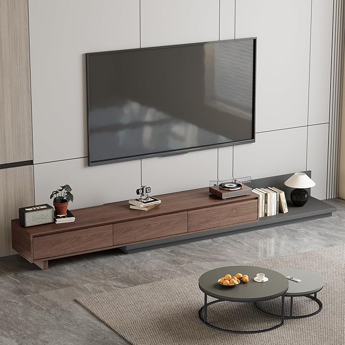 78.7–130" Extendable TV Stand with 3 Drawers - Mid-Century Modern Adjustable Entertainment Center, Perfect for Living Room, Walnut
