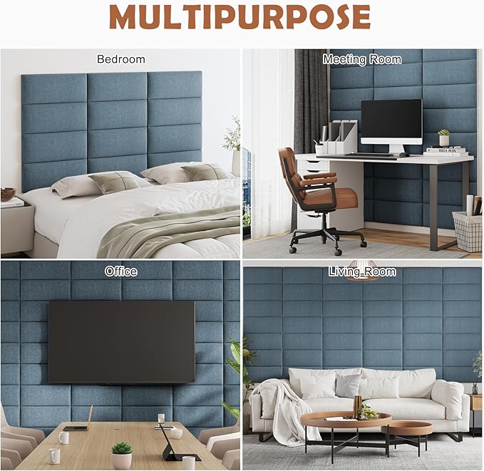 IFNOW Upholstered Wall Mounted Peel and Stick King Size Headboard, Soundproof 3D Wall Panels, Reusable and Removable Tufted Bed Headboard in Dusty Blue (12 Panels, 10" x 24")