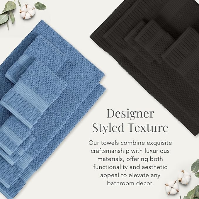 NY Loft 100% Cotton Towel Set 6 Piece | Super Soft & Absorbent Quick-Dry 2 Bath Towels 2 Hand Towels & 2 Washcloths | Textured and Durable Cotton | Premium Thick Towels | 6 Piece Set - Black