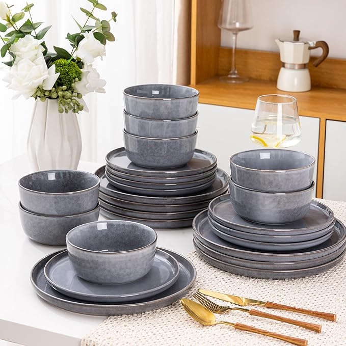 AmorArc Stoneware Dinnerware Sets,Round Reactive Glaze Ceramic Plates and Bowls Sets,Highly Scratch Resistant | Microwave & Dishwasher Safe,Service for 8 Dishes Set (24pc)