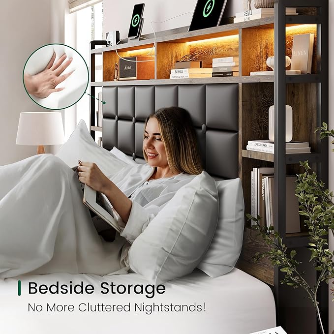 Queen Size Bed Frame with 4 Storage Drawers and Bookcase Headboard, Faux Leather Upholstered, Wooden Platform Bed Frame with Charging Station and LED Lights, No Box Spring Needed, Brown