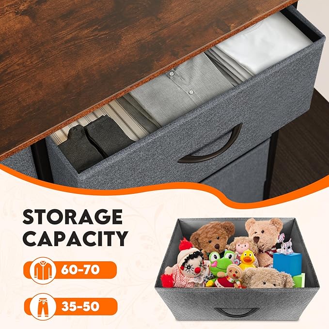 Dresser for Bedroom with 10 Drawers, Chest of Drawers, Storage Drawers Organizer Unit, Grey Wide Fabric Dresser with Fabric Bins for Closet, Living Room, Entryway (Grey and Rustic Brown)