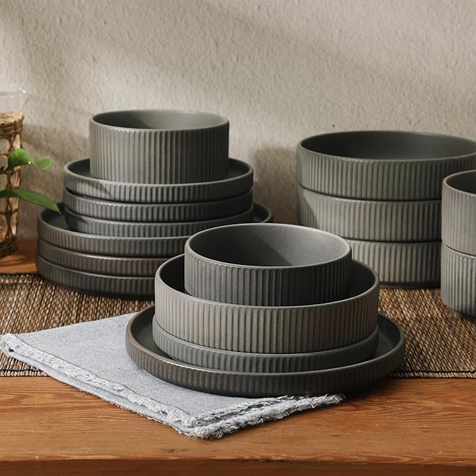 Gibson Elite Deerfield 16-Piece Stoneware Dinnerware Set – Soft Grey Reactive Glaze, Stackable Plates and Bowls, Service for 4 – Microwave & Dishwasher Safe
