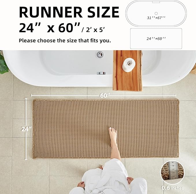 Waffle Runner Rug Bathroom, Long Boho Bathroom Rugs Non Slip Washable Super Absorbent Quick Dry Farmhouse Bath Decor, 60"x24" Khaki