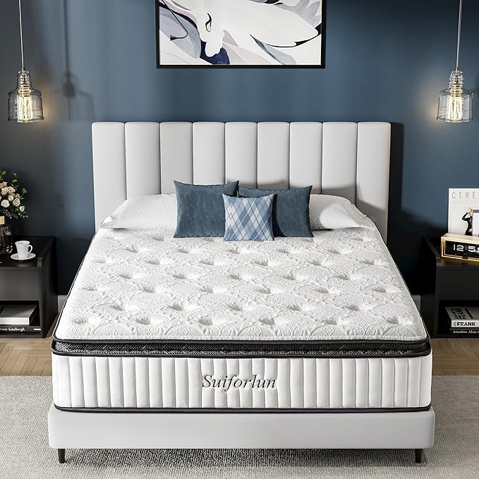 Suiforlun Queen Mattress 12 Inch, Pillow Top Gel Memory Foam Hybrid Mattress with Luxury 7 Layers, Zone Pocket Coils Innerspring for Back Pain Relief, Medium Firm, 120 Nights Trial