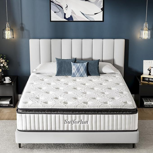 Suiforlun Queen Mattress 12 Inch, Pillow Top Gel Memory Foam Hybrid Mattress with Luxury 7 Layers, Zone Pocket Coils Innerspring for Back Pain Relief, Medium Firm, 120 Nights Trial