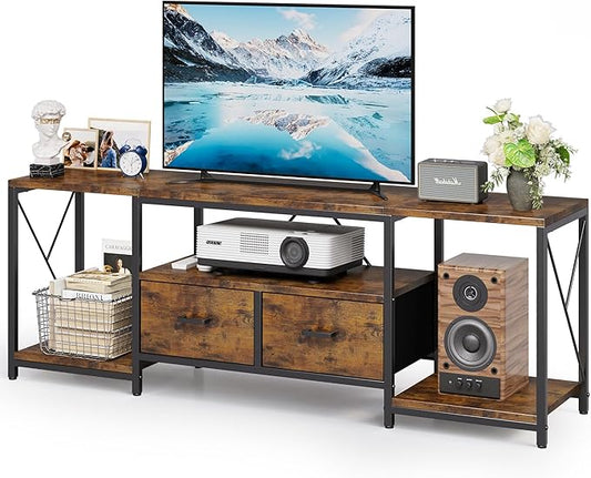 Homeiju TV Stand for TVs up to 75 Inch, Entertainment Center with Fabric Drawers, TV Media Console Table with Open Storage Shelves for Living Room, Bedroom, Rustic Brown
