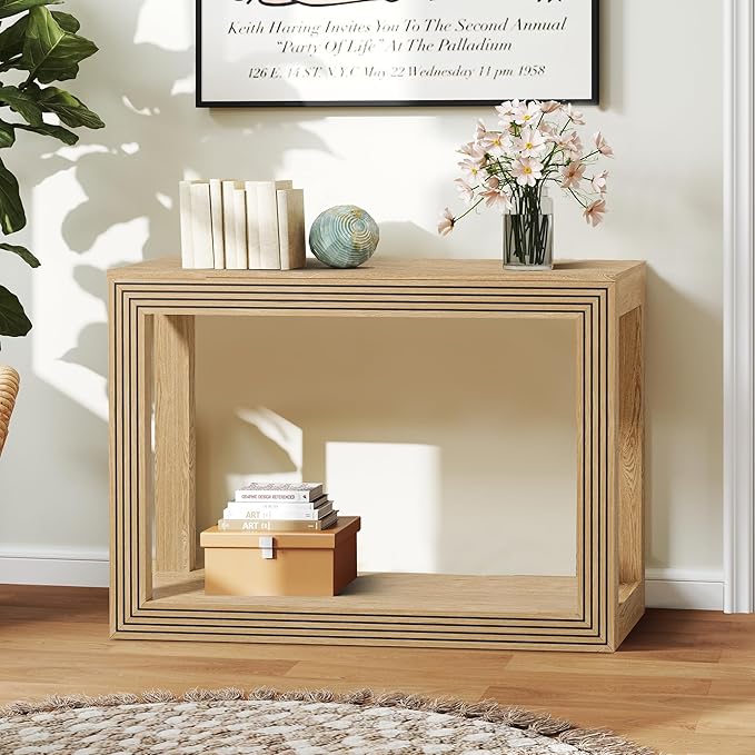 Mid-Century Fluted Console Table with Storage, Narrow Wooden Entryway Sofa Table Behind The Couch Small Entry Table for Entryway, Front Hall, Hallway Living Room, Natural
