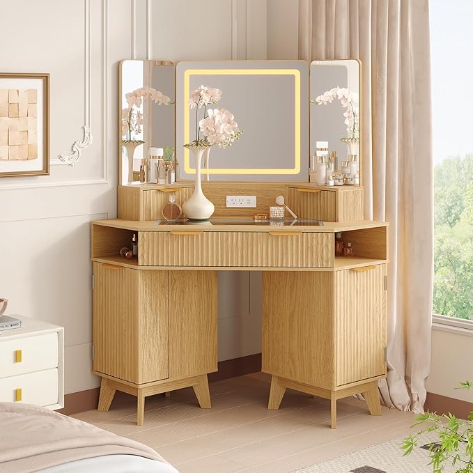 48 Inch Fluted Makeup Vanity Desk with Mirror and Lights, Modern Corner Makeup Vanity with Glass Top, Charging Outlet & 3-Panel Lighted Mirror, Dressing Table for Bedroom