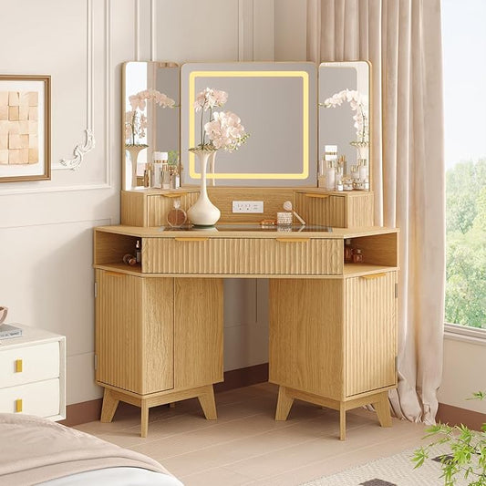 48 Inch Fluted Makeup Vanity Desk with Mirror and Lights, Modern Corner Makeup Vanity with Glass Top, Charging Outlet & 3-Panel Lighted Mirror, Dressing Table for Bedroom