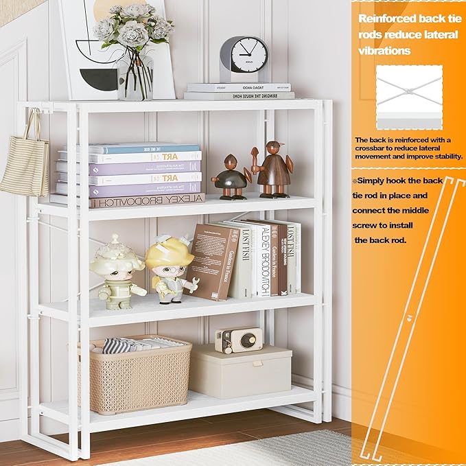 HCHQHS Bookshelf, 4-Tier Industrial Bookcase, White Open Book Shelf, Freestanding Tall Bookshelves with Metal Frame
