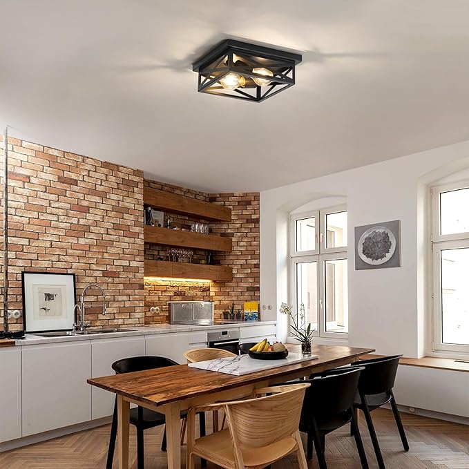 Black Rustic Metal Flush Mount Ceiling Light Fixture, 2-Light Industrial Farmhouse Hallway Light Fixtures, Metal Cage Closed to Ceiling Mounted Lights for Bedroom Kitchen Ceiling Lights