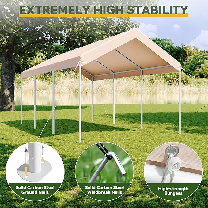 Aoxun 10x20 ft Heavy Duty Carport with Tarp & Wind Resistance Portable Carport Car Tent Outdoor Car Port with Tear Resistant Canopy, No Sidewall - Khaki