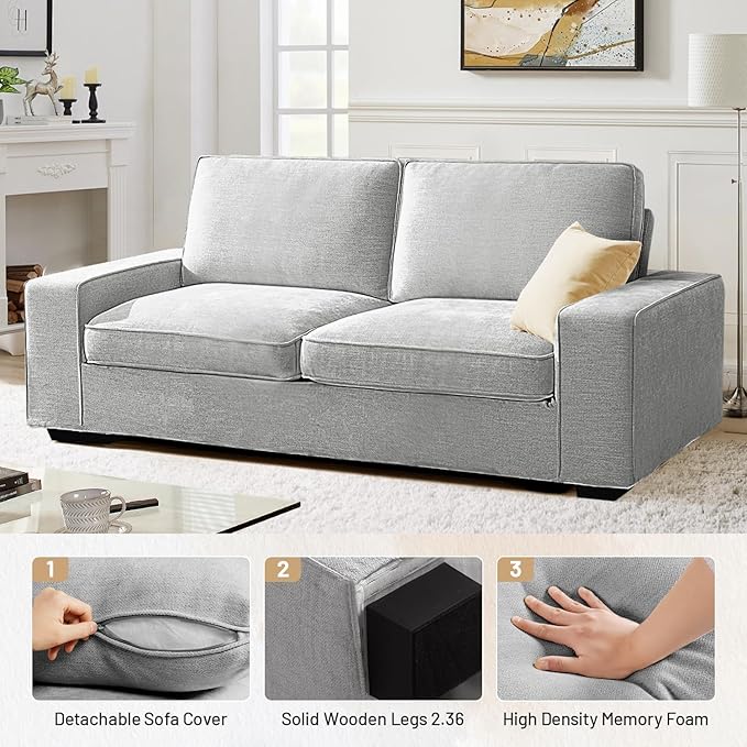 EASELAND 89" Modern Sofa Couch for Living Room, Chenille Sofa Couch with Wide Armrest,3 Seater Deep Seats Sofa Couch with Removable Cover Easy to Install(Grey)