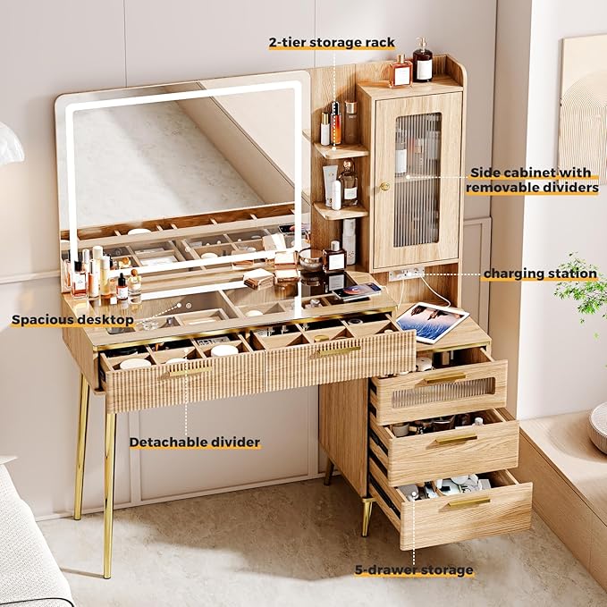 47.24" Big Modern Vanity Desk with Mirror and Lights, Vanity Desk with 29.53" HD Lighted Mirror, Makeup Vanity with 5 Drawers and Storage Shelves and Charging Station, Oak2