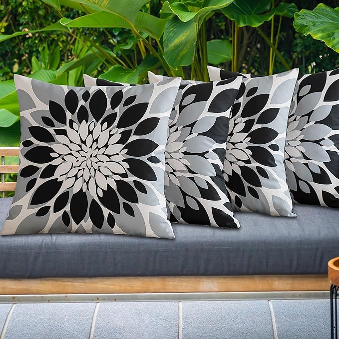 Qahing Pack of 4 Outdoor Waterproof Pillow Covers 20x20 Decorative Outdoor Throw Pillows Garden Square Cushion Cases for Patio Furniture, Couch, Tent Sunbrella, Bench, Black Grey