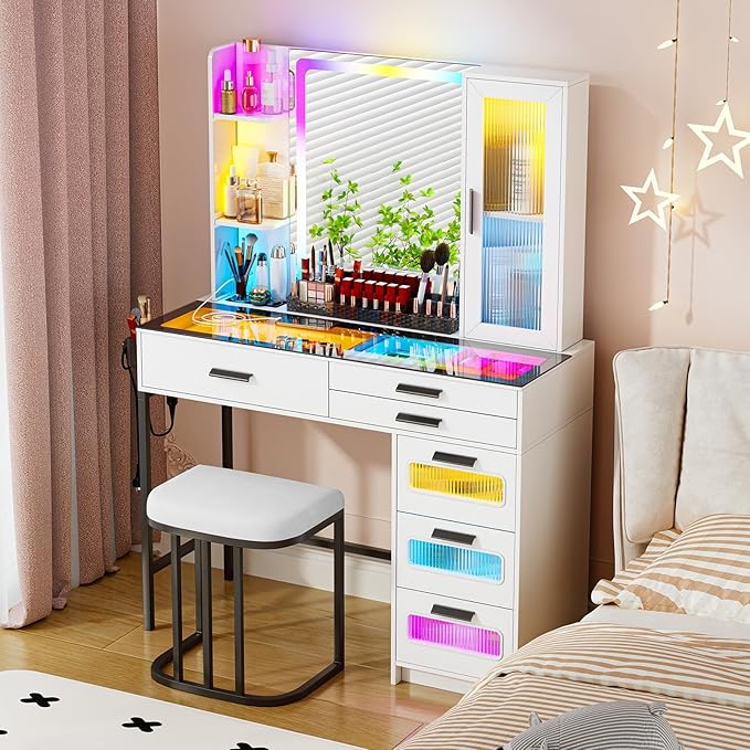 Makeup Vanity Desk with Mirror and RGB Lights,Glass Top Vanity Table with Wireless Charging & Stool,Vanity Set with 6 Drawers & Storage Cabinet & Makeup Organizer，Bedroom（White）