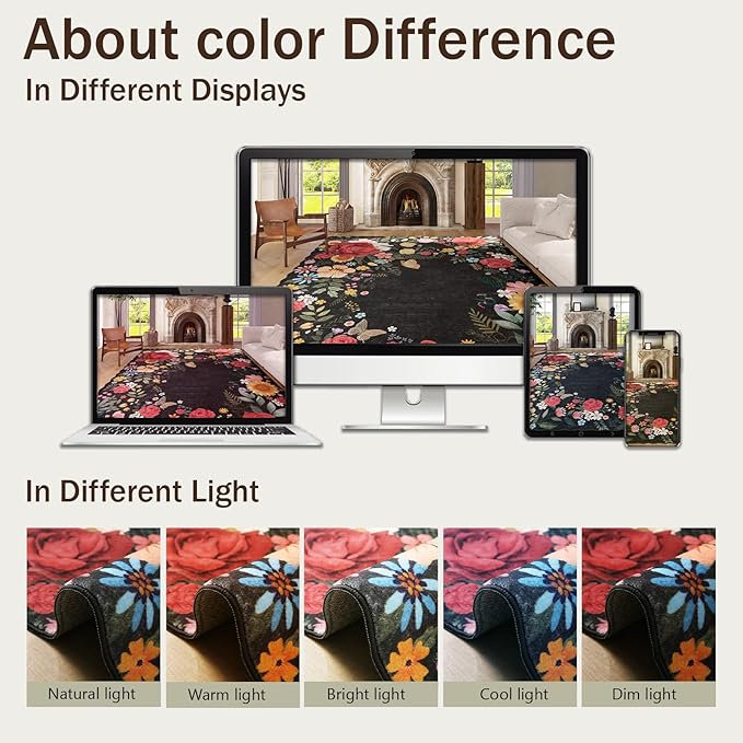 Floral Washable Entryway Rug 2'x3' Non Slip Boho Vintage Indoor Door Mat Low Pile Soft Carpet for Bathroom, Front Door, Kitchen, Laundry Small Spaces Decor (Black)