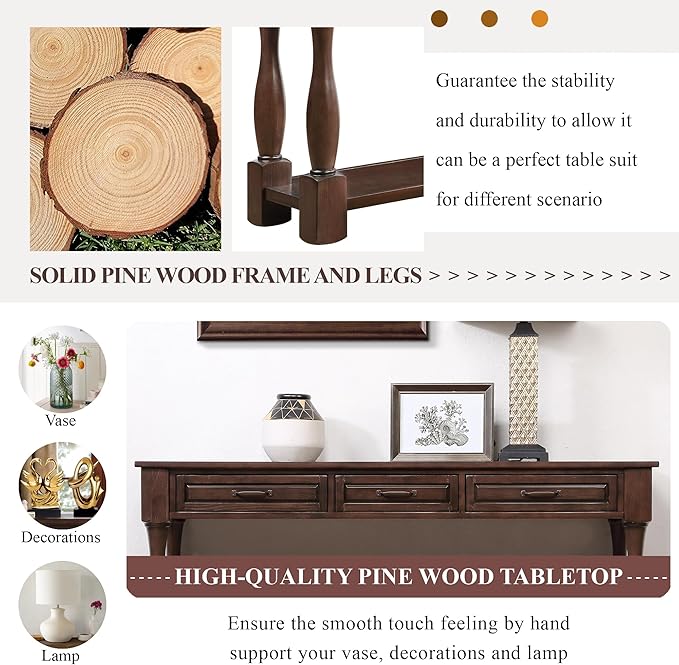 63inch Solid Wood Console Table with 3 Drawers and 1 Bottom Shelf Extra-Thick Sofa Table(Light Espresso)
