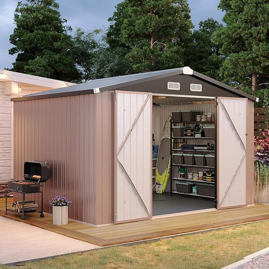 Aoxun 10x8 FT Galvanized Steel Outdoor Storage Shed - Metal Garden Shed with Double Doors, Thick Moisture-Proof Interlocking Floor, Ventilation System - Ideal for Generator & Tool Storage (Brown)