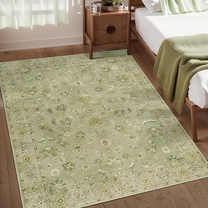 Tangsoo 3x5 Area Rug Floral Rug for Bedroom, Washable Vintage Rugs Indoor, Non Slip Accent, Print Distressed Flaxen Green Carpet, Soft Low Pile for Living Room Dorm Bedroom Bedside Entryway