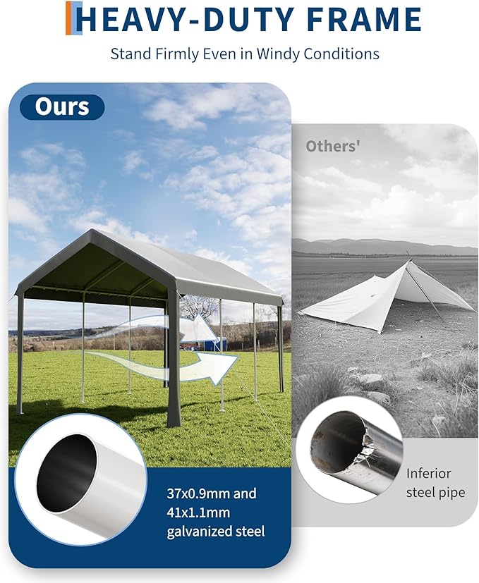 Garvee 10x20 Heavy Duty Carport, Galvanized Steel Outdoor Car Canopy with UV-Resistant & Water-Resistant PE Cover, Portable Garage for SUV, Truck, Boat, Grey