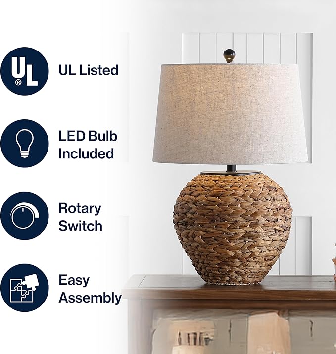 JONATHAN Y JYL6501A Alaro 24.5" Banana Leaf Basket LED Table Lamp Coastal Cottage Industrial Bedside Desk Nightstand for Bedroom Living Room Office College Bookcase LED Bulb Included, Natural