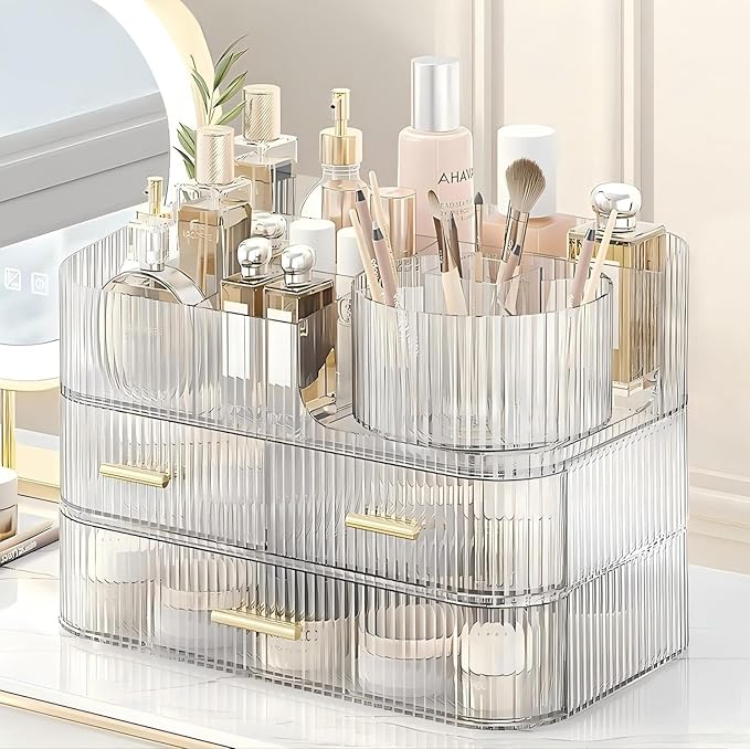 DASITON Makeup Organizer with Drawers and Rotating Makeup Brush Holder,Large Capacity Stackable Cosmetic Organizer Countertop,Bathroom Organizers and Storage,Make up Organizers for Vanity (Clear 03)