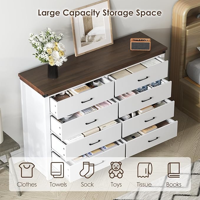 Farmhouse 8 Drawer Dresser for Bedroom, 52" Wide Chest of Drawers, Wooden Dresser TV Stand, Storage Dressers Organizer for Bedroom, Living Room, Hallway, White